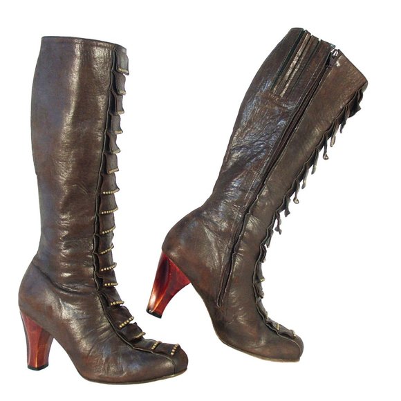 CALLEEN CORDERO Los Angeles $740 Handmade Studded Carved Heel Boots Women's 7.5 - Picture 1 of 7